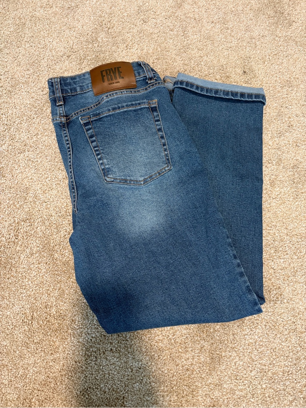Frye Blue Straight-Leg Jeans with Leather Waist Patch